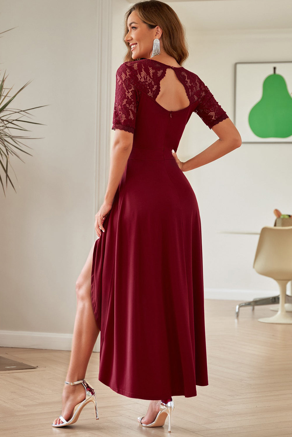 Lace Cutout V-Neck Short Sleeve Dress - store name